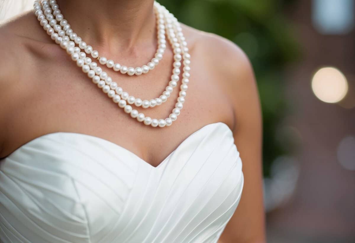 A delicate pearl necklace drapes elegantly over a strapless wedding dress, adding a touch of sophistication and charm to the bride's ensemble