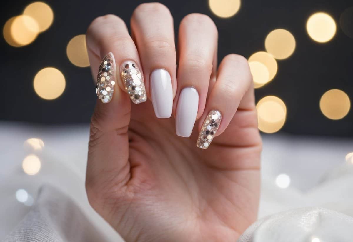 A hand with a French manicure adorned with glitter, perfect for a bride's wedding nails