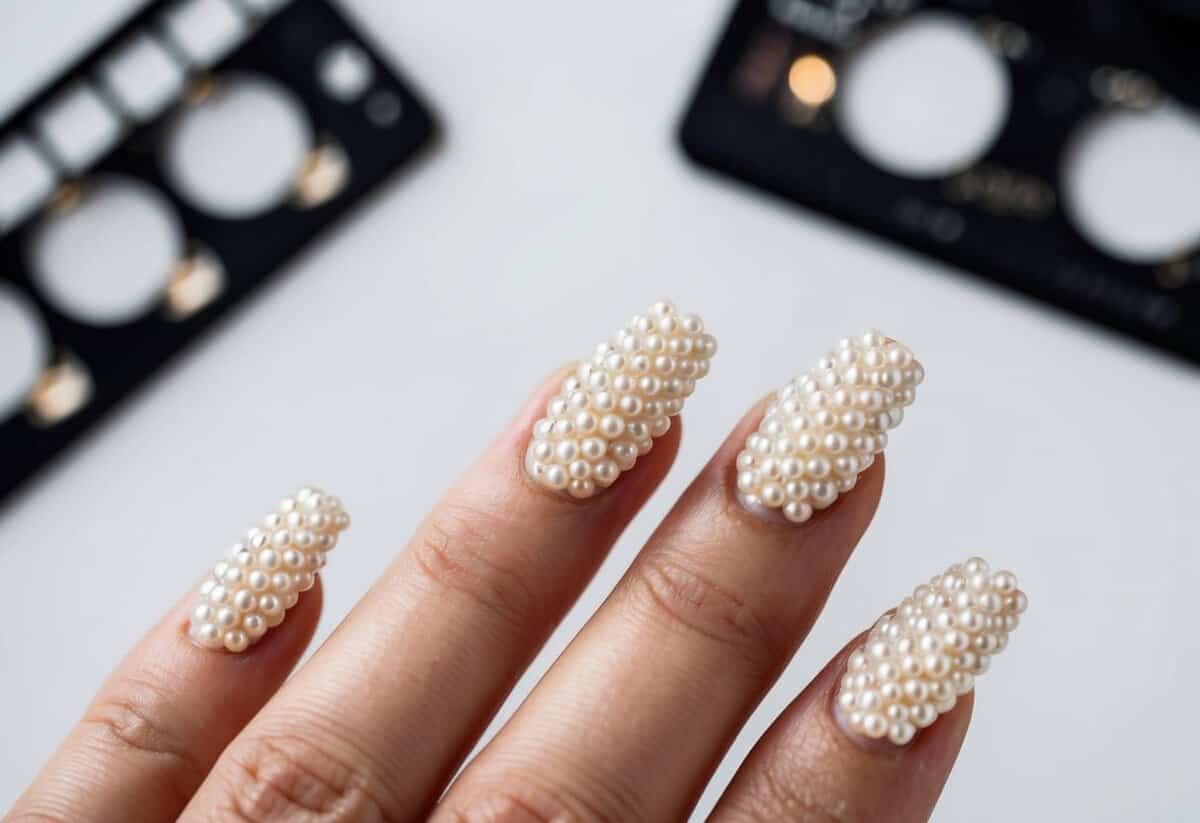 A close-up of pearl-studded nails on a white background