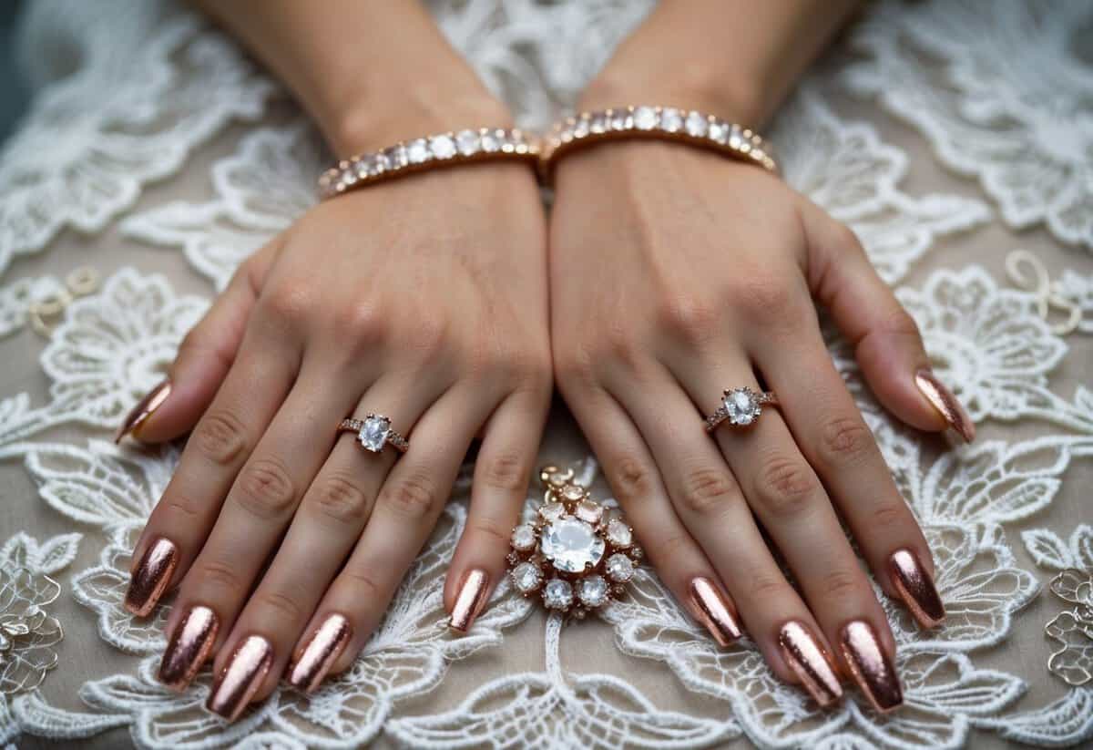 A pair of elegant hands with rose gold foil nails, set against a backdrop of delicate lace and sparkling jewels