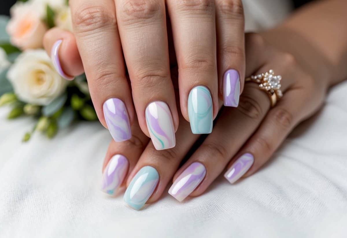 A close-up view of elegantly manicured nails with a marble effect in soft pastel colors, ready for a wedding