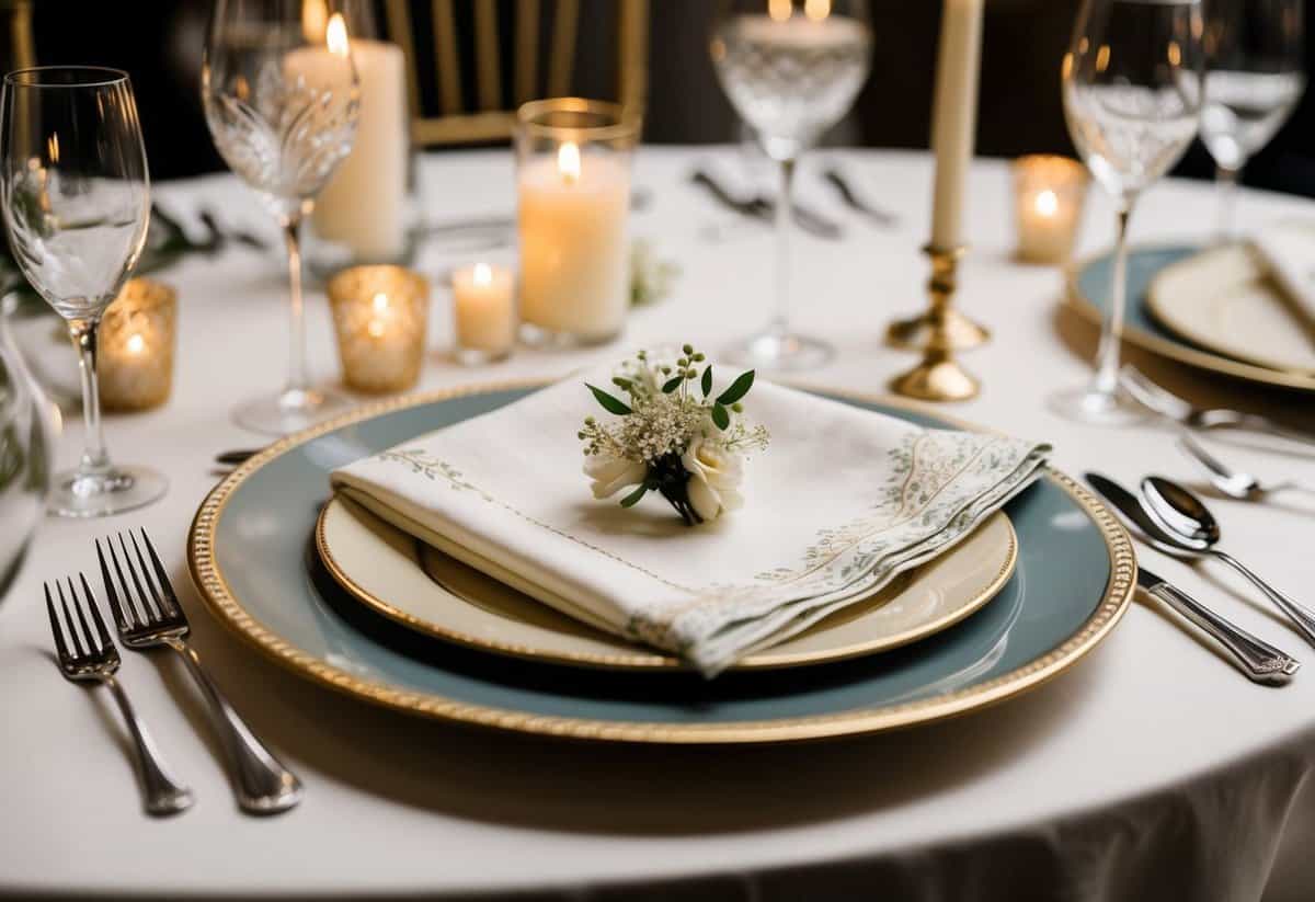 A beautifully set table with elegant Ruvanti Dinner Napkins, adorned with delicate patterns, at a wedding reception