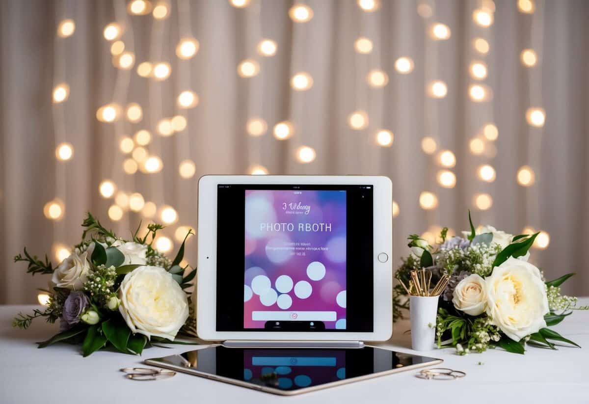 A wedding photo booth with a sleek iPad set up, surrounded by elegant props and a backdrop of twinkling lights and floral arrangements