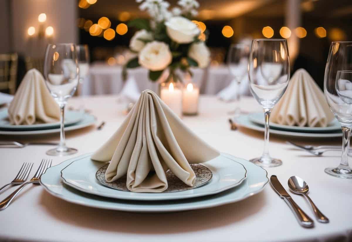 A beautifully set table with elegant cloth napkins folded in intricate designs, adding a touch of sophistication to a wedding reception