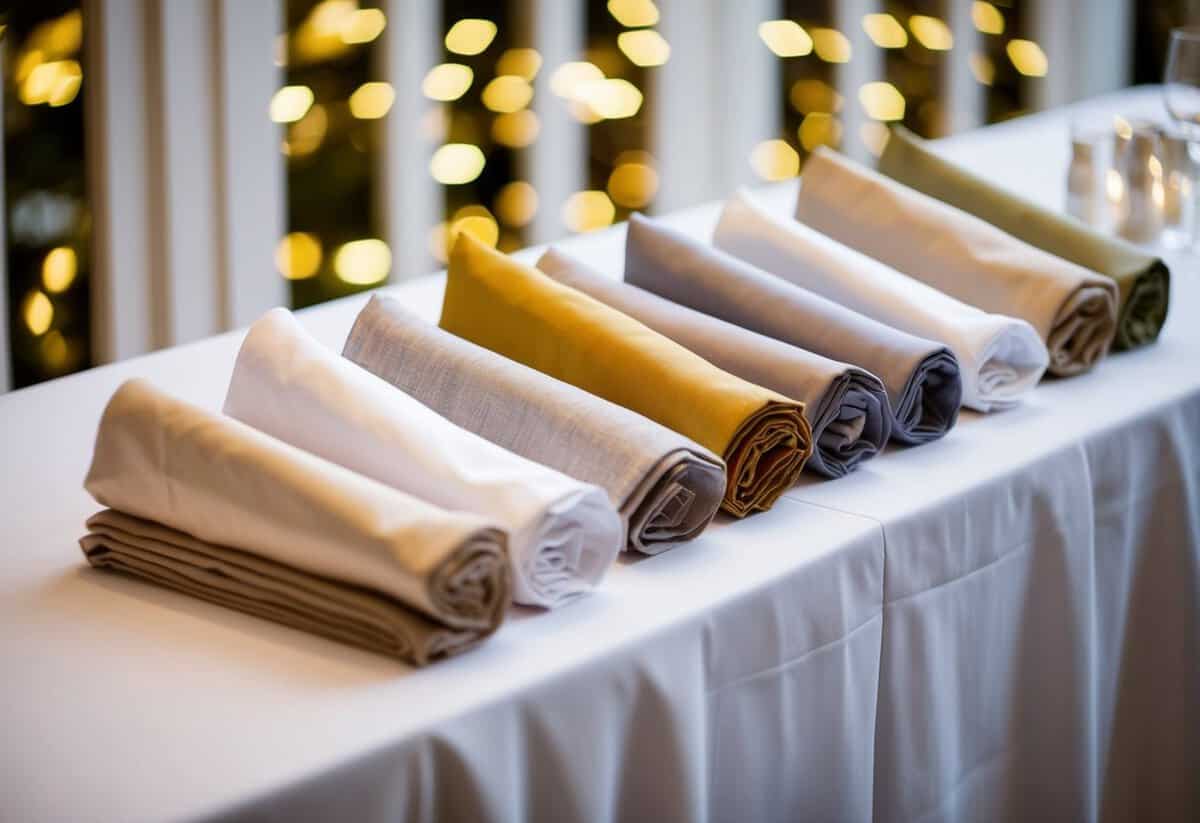 A table set with elegant wedding napkins in various material choices, including linen, silk, and cotton, neatly folded and arranged in a decorative display