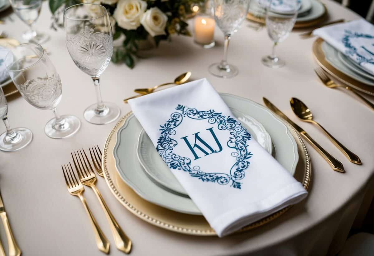 A table set with elegant wedding napkins, featuring intricate designs and personalized monograms, displayed alongside various customization options