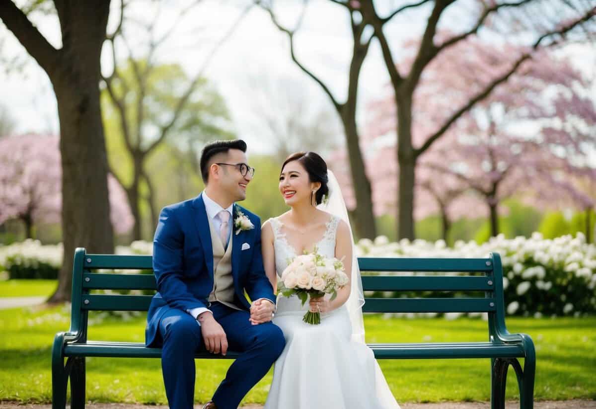 A couple sitting on a park bench, surrounded by blooming flowers and trees, smiling and holding hands as they reminisce about their wedding day