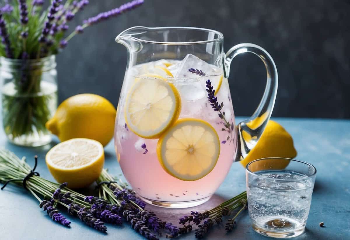 A glass pitcher of lavender lemonade with ice and lemon slices, surrounded by fresh lavender sprigs and sparkling water