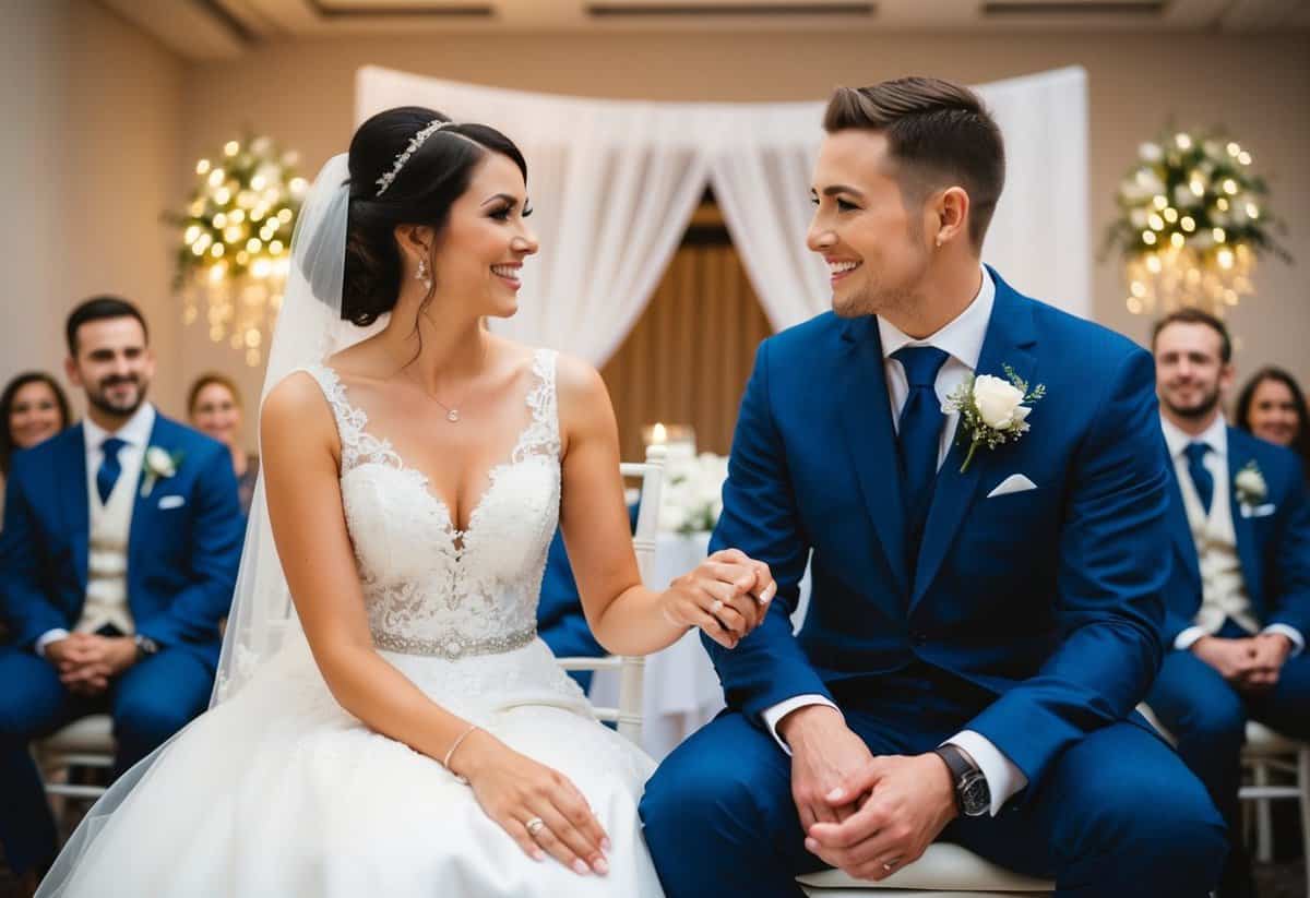 A bride and groom sit facing each other, surrounded by wedding decor. They hold hands and smile as they answer questions about their first meeting