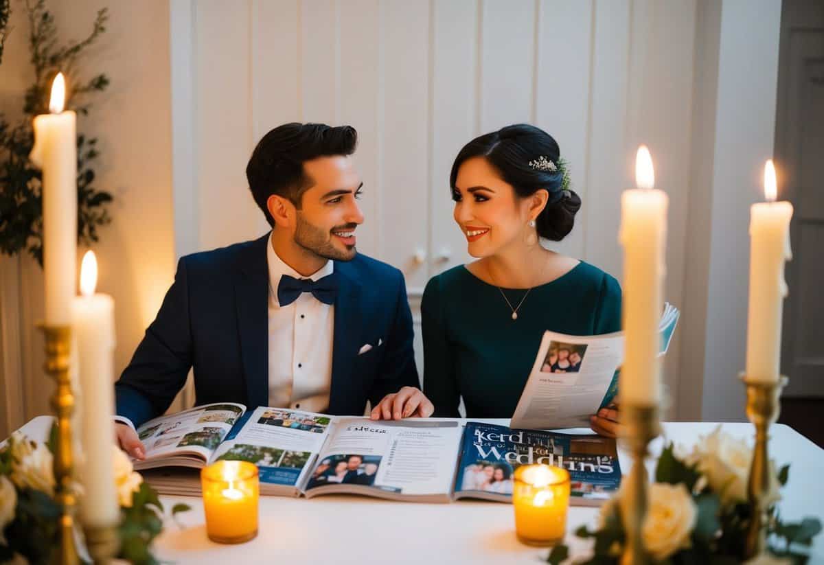 A couple sits at a candlelit table, surrounded by wedding magazines and a list of questions. They smile as they discuss their upcoming nuptials