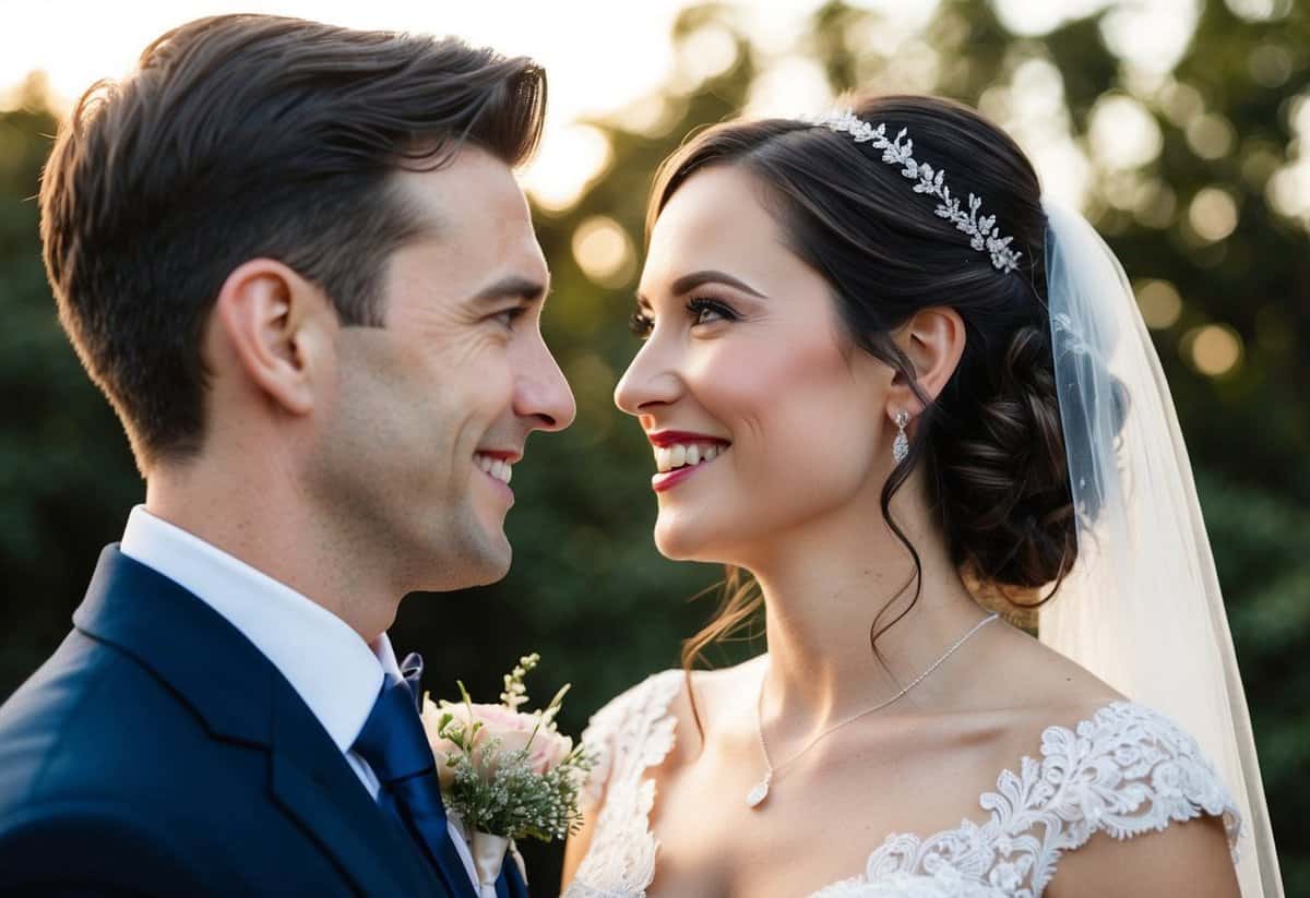 The bride and groom facing each other, smiling with admiration in their eyes