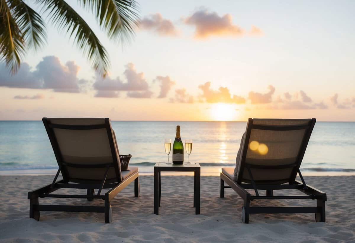 A tropical beach at sunset, with two lounge chairs, a small table, and a bottle of champagne on ice