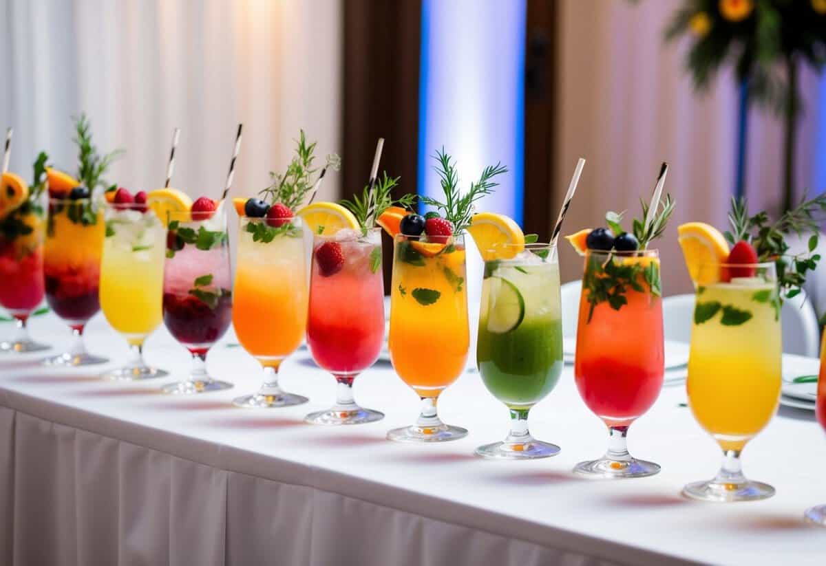 A table set with an array of colorful and refreshing mocktails, garnished with fresh fruits and herbs, displayed at a wedding reception