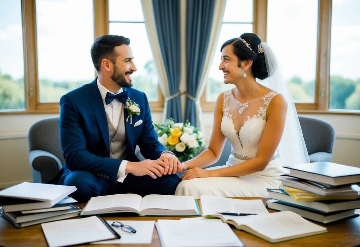 A bride and groom sit facing each other, surrounded by wedding planning books and papers. They hold hands and discuss their favorite songs, smiling and laughing together