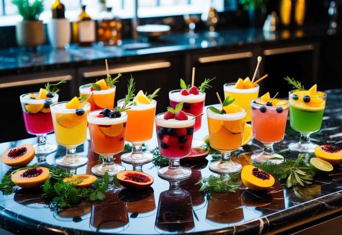 A festive array of colorful, fruit-filled mocktail glasses on a sleek, marble-topped bar, surrounded by fresh herbs and exotic garnishes