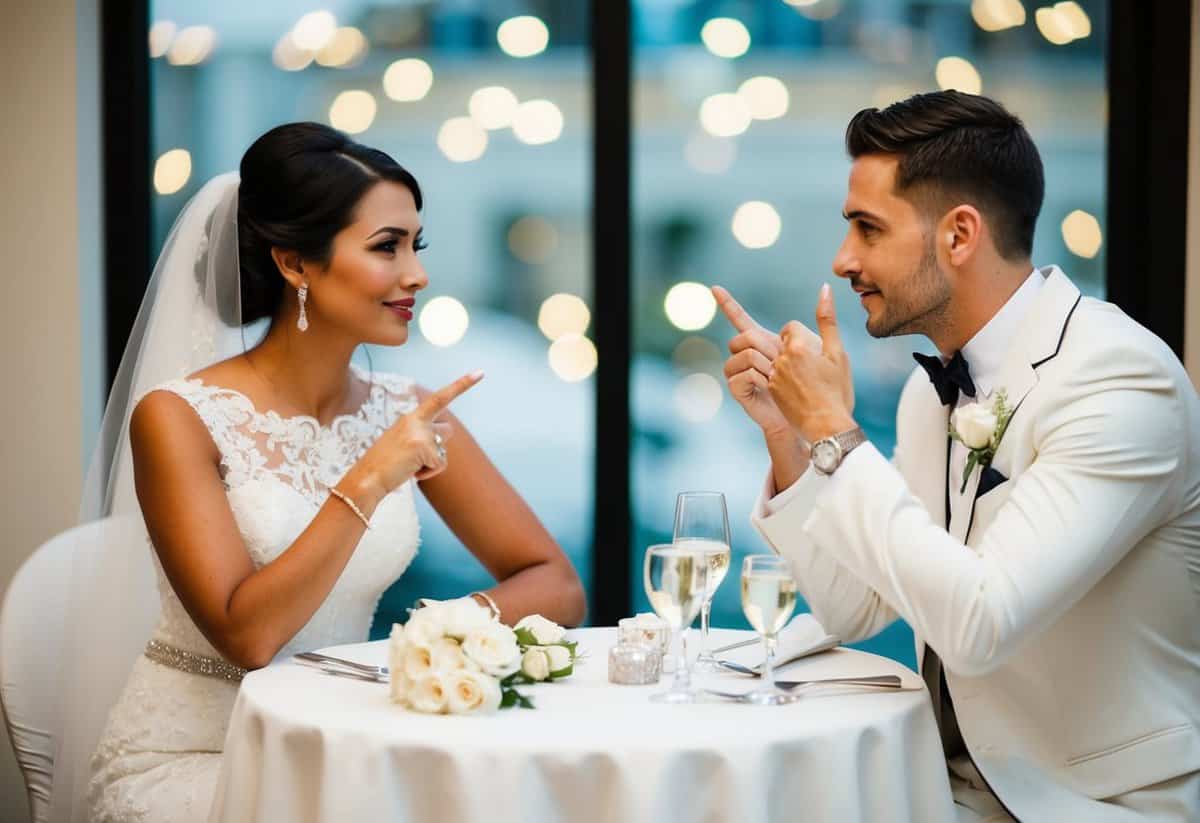 A bride and groom sit across from each other, discussing wedding details. They gesture and nod in agreement, showing mutual understanding