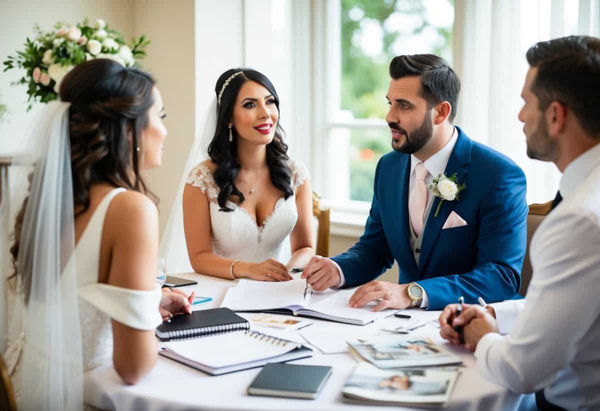 A wedding planner sits with a bride and groom, discussing details and asking questions. A table is covered in papers, notebooks, and wedding magazines