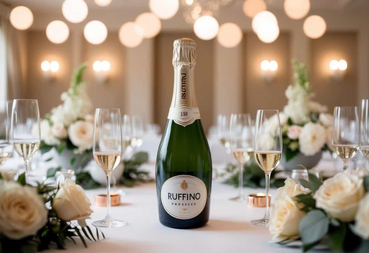 A bottle of Ruffino Prosecco surrounded by elegant wedding decor