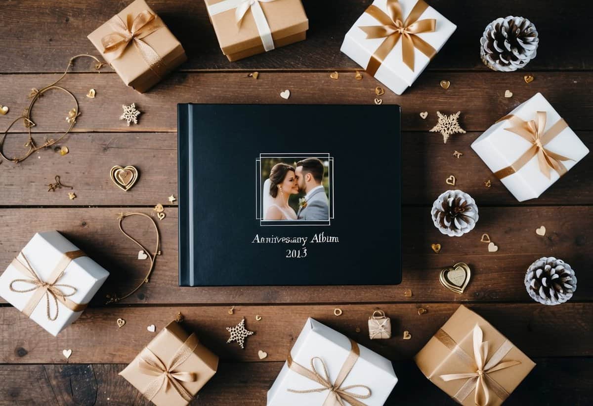 A couple's personalized photo album surrounded by delicate anniversary gifts on a rustic wooden table