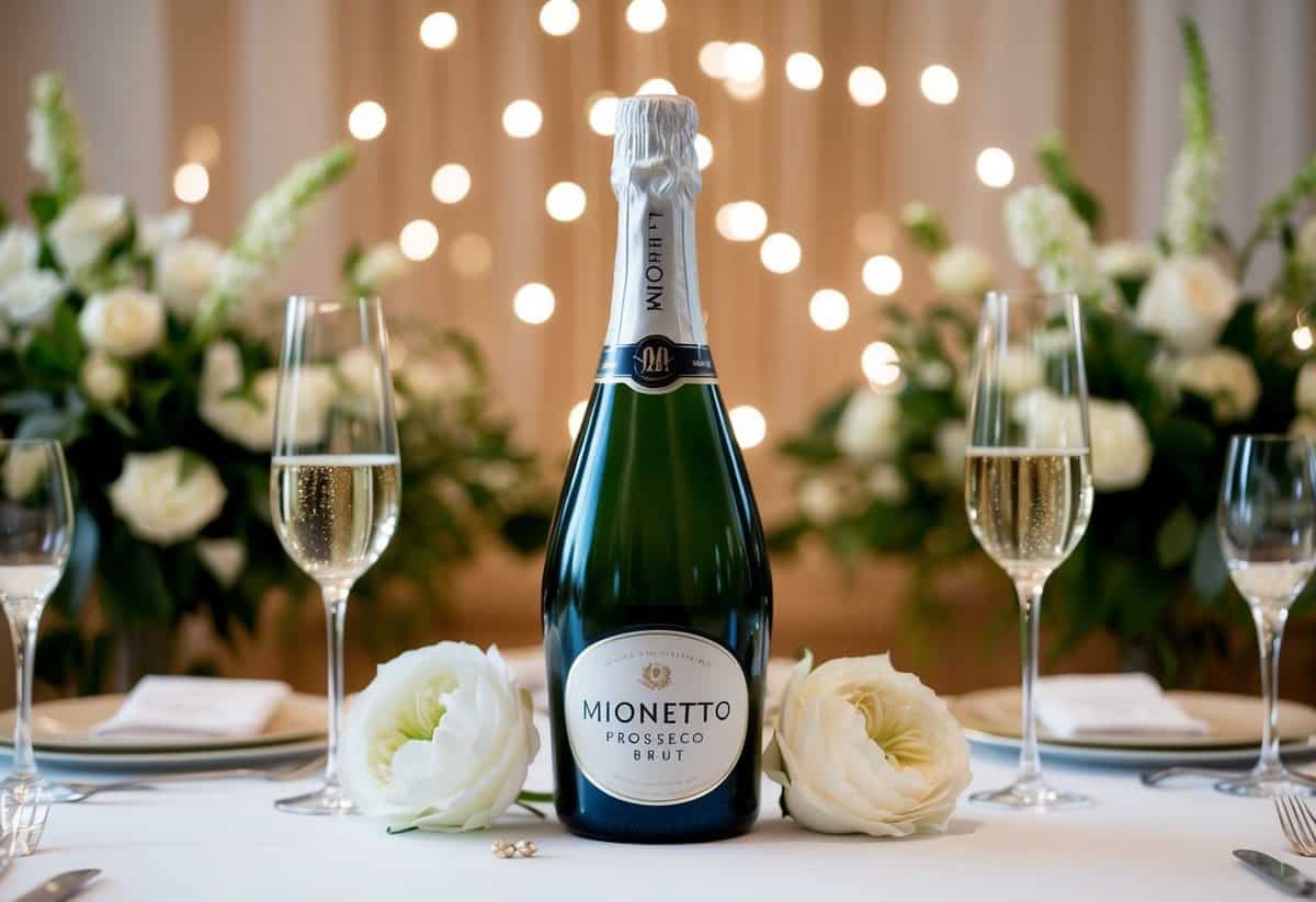 A bottle of Mionetto Prosecco Brut surrounded by elegant wedding decor and celebration