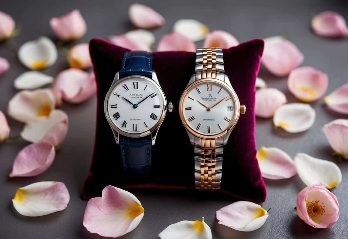 Two elegant watches, one masculine and one feminine, displayed on a luxurious velvet cushion surrounded by delicate rose petals