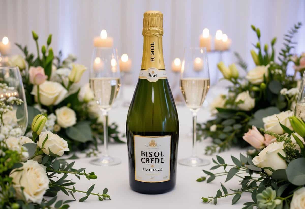 A bottle of Bisol Crede Prosecco surrounded by elegant wedding decor and floral arrangements