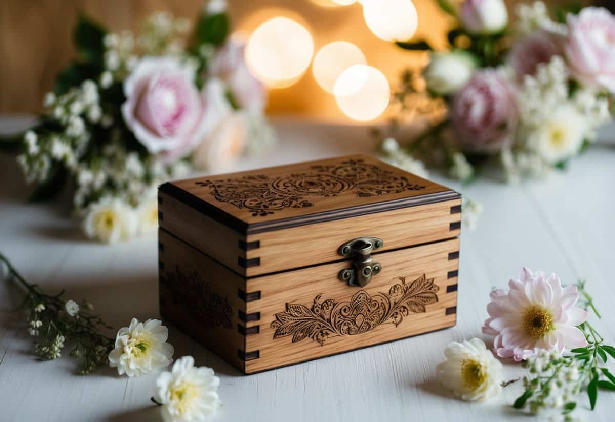 A wooden keepsake box with intricate engravings sits on a table, surrounded by delicate flowers and a soft, romantic glow