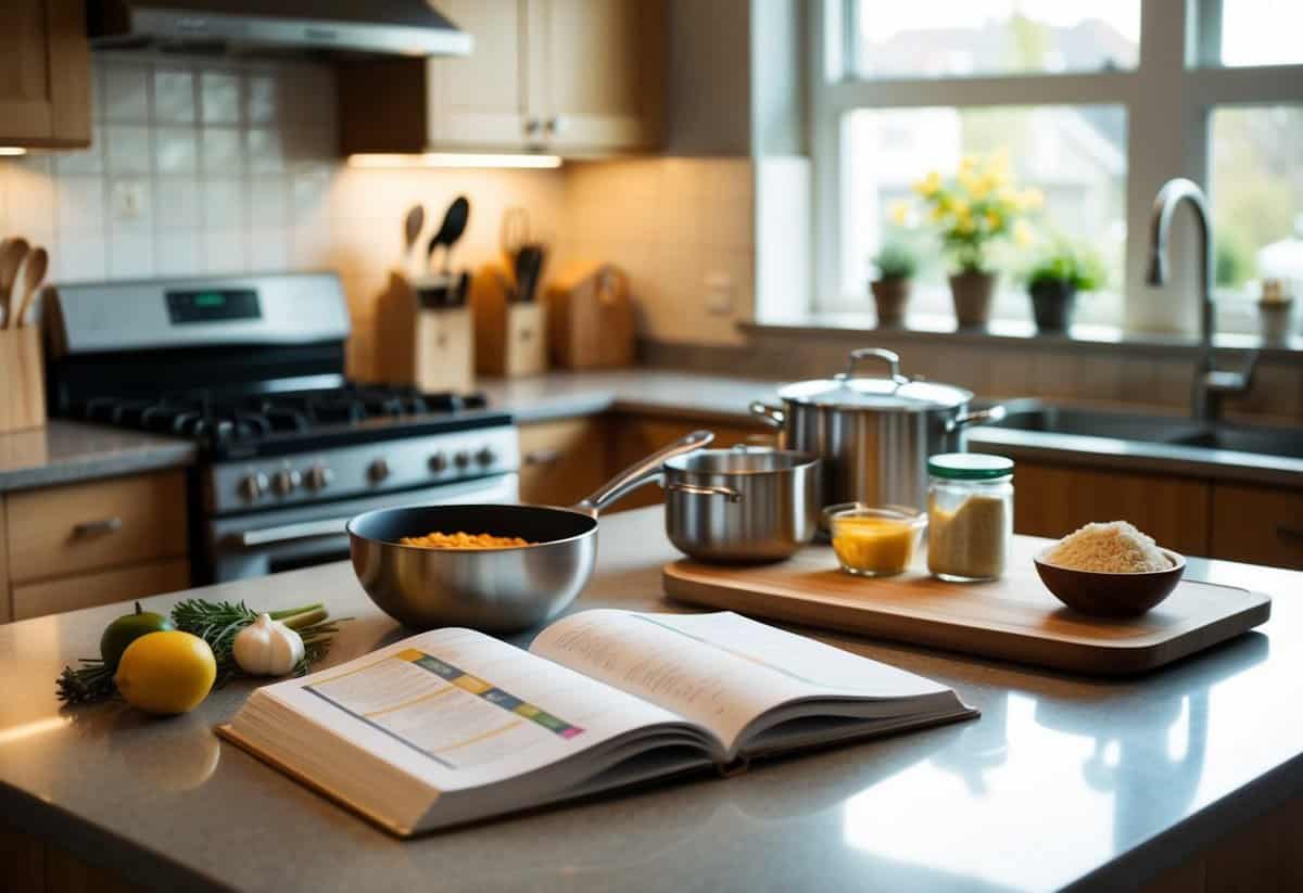 A cozy kitchen with two sets of cooking utensils, ingredients, and a recipe book open on a countertop