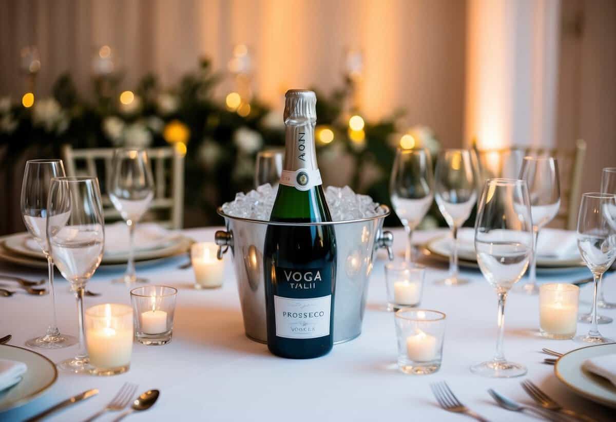 A table set for a wedding reception, adorned with elegant glassware and a bottle of Voga Italia Prosecco chilling in a bucket of ice