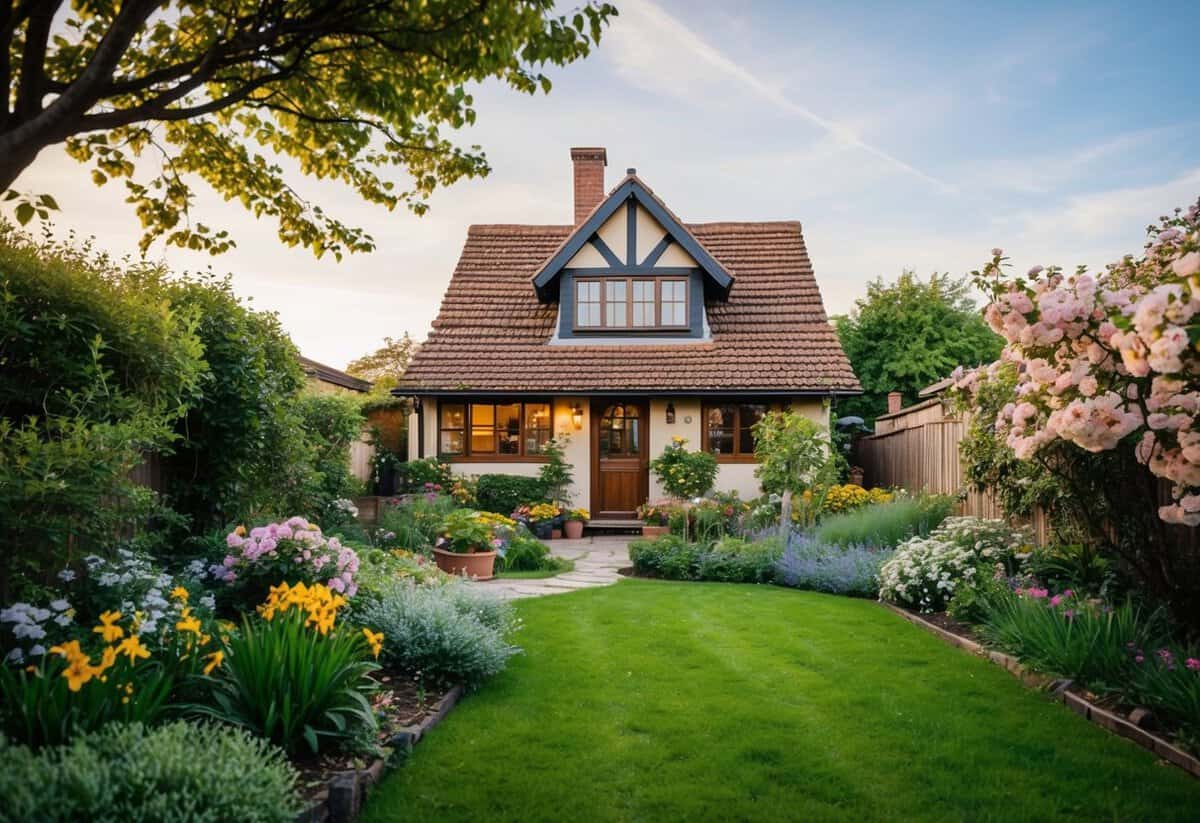 A cozy, quaint house with a garden, surrounded by blooming flowers and a tree, with a warm, welcoming atmosphere