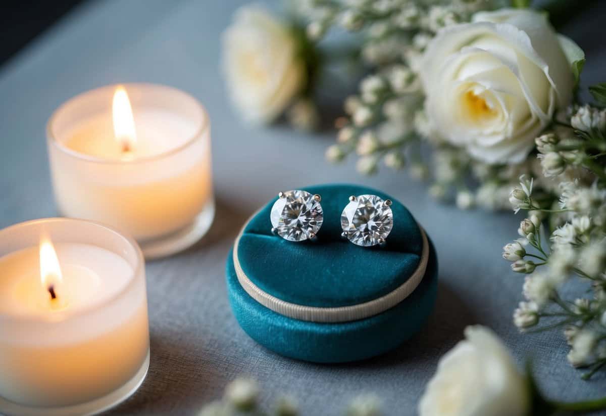 A pair of diamond stud earrings displayed on a velvet cushion, surrounded by delicate floral arrangements and soft candlelight