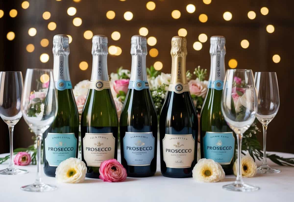 A table with various bottles of prosecco, surrounded by elegant wine glasses and floral arrangements