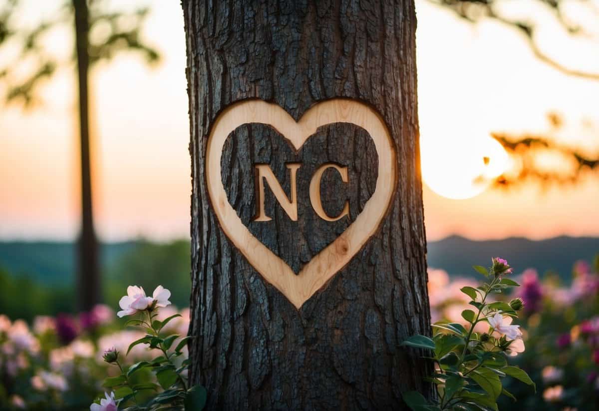 A couple's initials carved into a tree with a heart around them, surrounded by blooming flowers and a serene sunset in the background