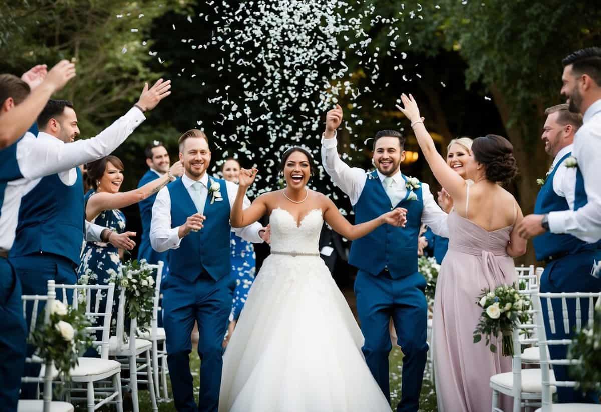 A joyful wedding party dances down the aisle, confetti flying as they groove to "Uptown Funk" by Mark Ronson ft. Bruno Mars