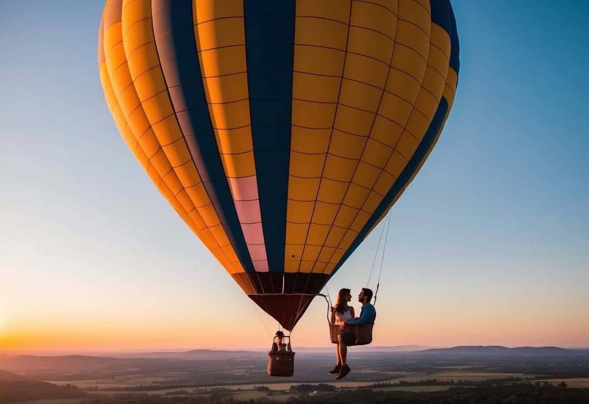 A couple enjoying a hot air balloon ride at sunset, with a picturesque landscape below