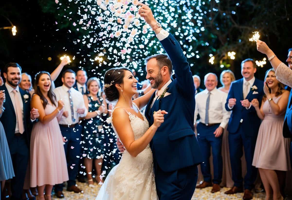 A joyful couple dances under a shower of rose petals, surrounded by cheering guests and twinkling lights