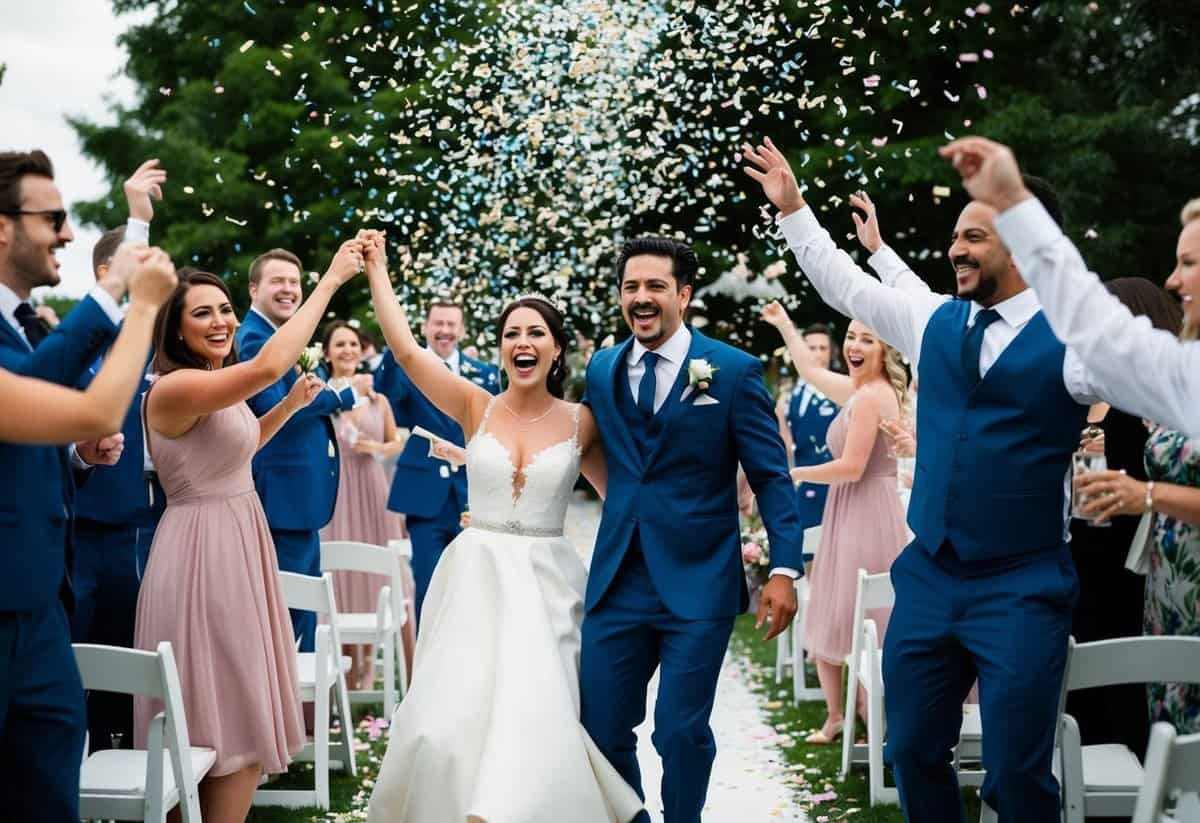 A joyful wedding party dances down the aisle, confetti flying as they celebrate to the upbeat tune of "Marry You" by Bruno Mars