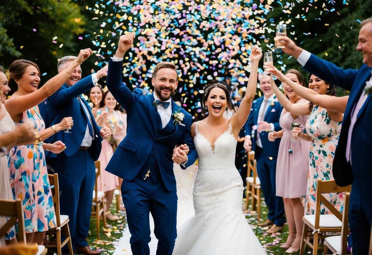 A joyful couple dances down the aisle, surrounded by cheering guests, as confetti rains down in a vibrant celebration of love and happiness