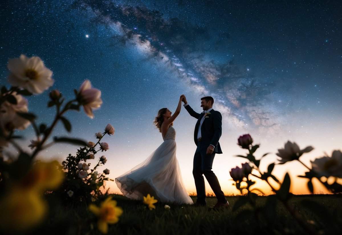 A couple dancing under a starry sky, surrounded by blooming flowers and a glowing sunset