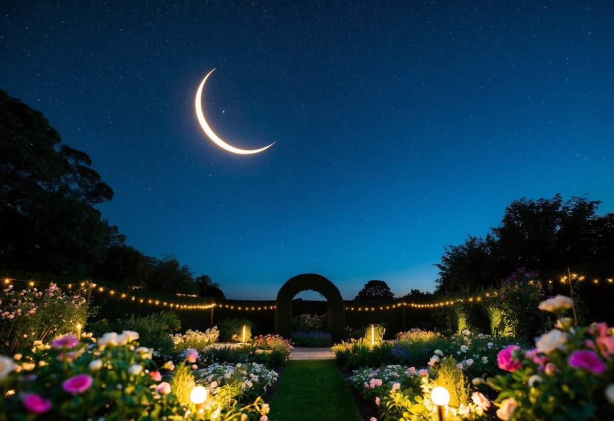 A starry night sky with a crescent moon shining down on a serene garden filled with blooming flowers and twinkling lights