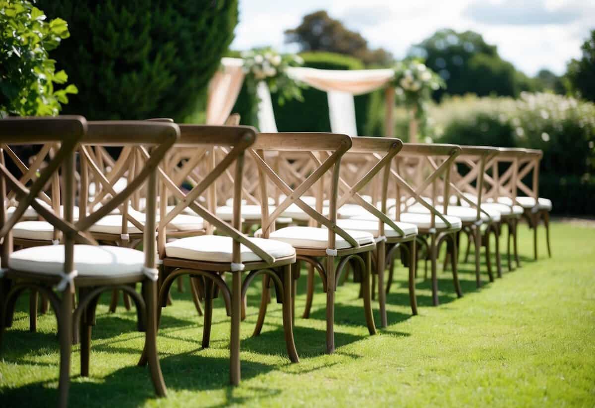 A rustic outdoor wedding with a row of Cross-Back Chairs set up for a ceremony in a lush garden