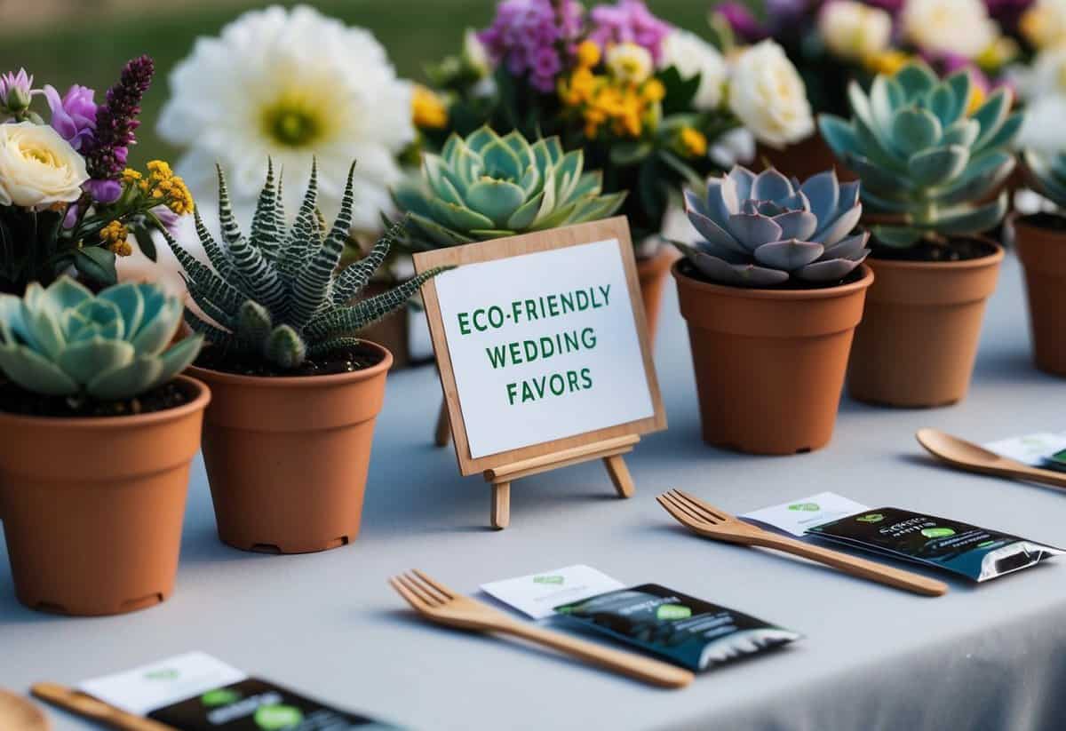 A table adorned with potted succulents, seed packets, and reusable bamboo utensils. A sign reads "Eco-Friendly Wedding Favors" amidst blooming flowers