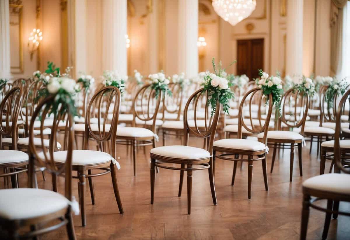 A grand ballroom filled with rows of elegant Paris Bentwood Chairs, adorned with delicate floral arrangements, set for a beautiful wedding ceremony