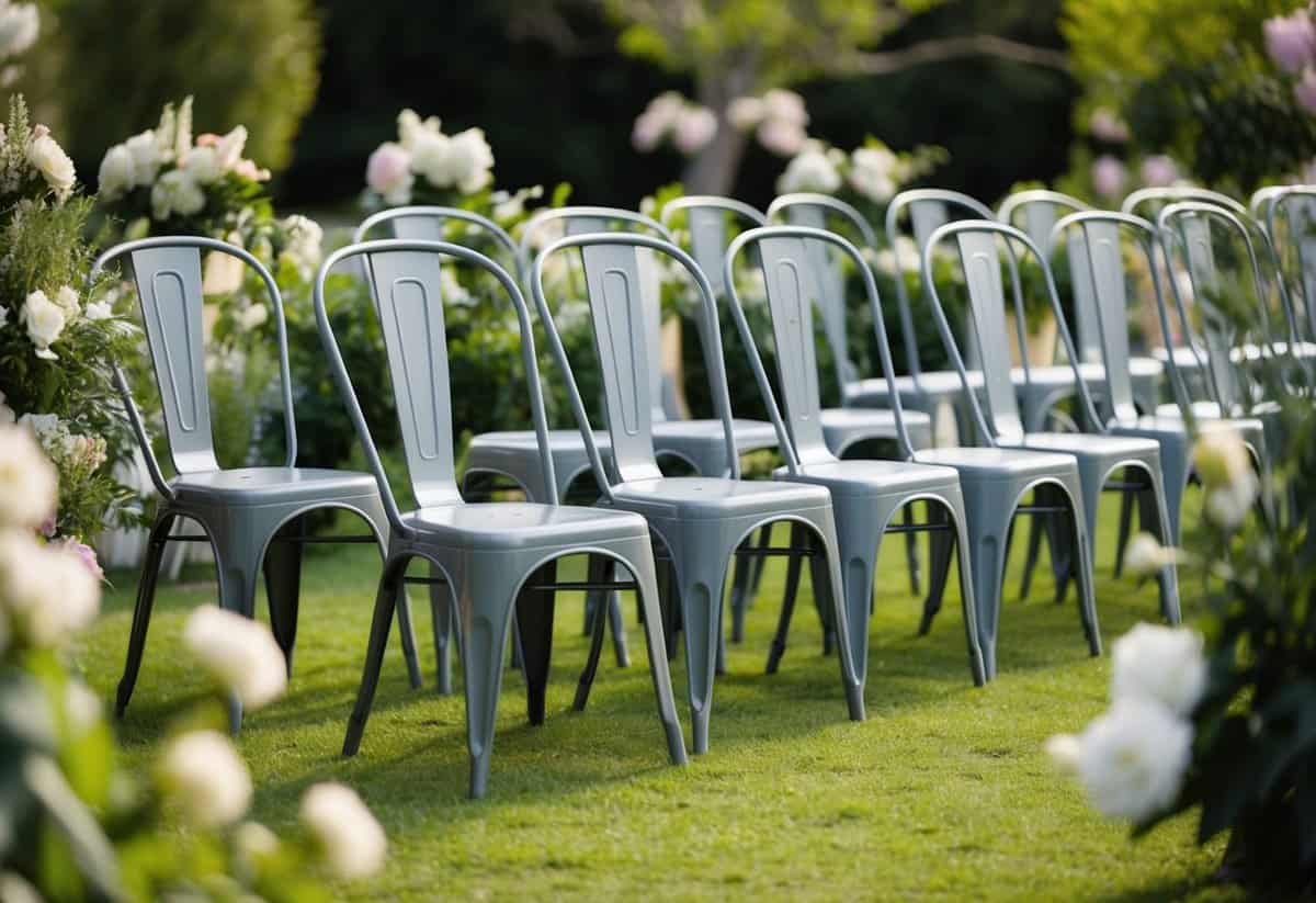 A set of Tolix chairs arranged in an elegant outdoor wedding setting, surrounded by lush greenery and blooming flowers