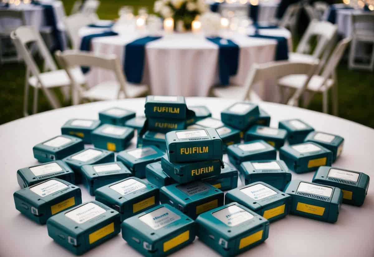 A table scattered with Fujifilm QuickSnap Flash disposable cameras at a wedding reception