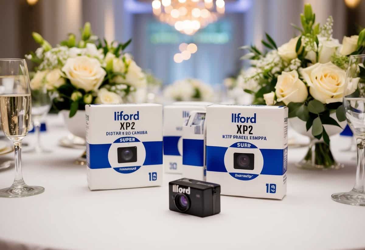 A table set with elegant wedding decor, featuring the Ilford XP2 Super Single Use disposable cameras as part of the celebration