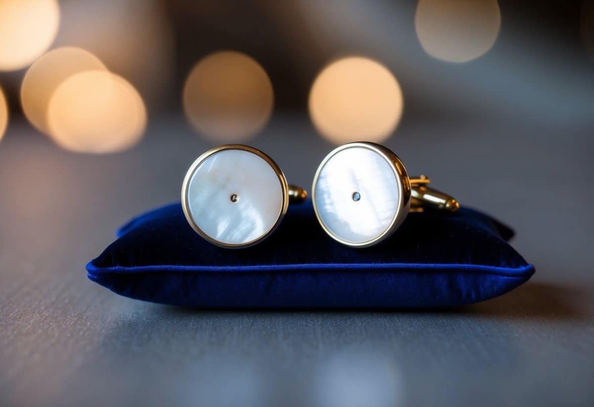 A pair of classic Mother of Pearl cufflinks resting on a velvet cushion, with soft lighting highlighting their elegant design