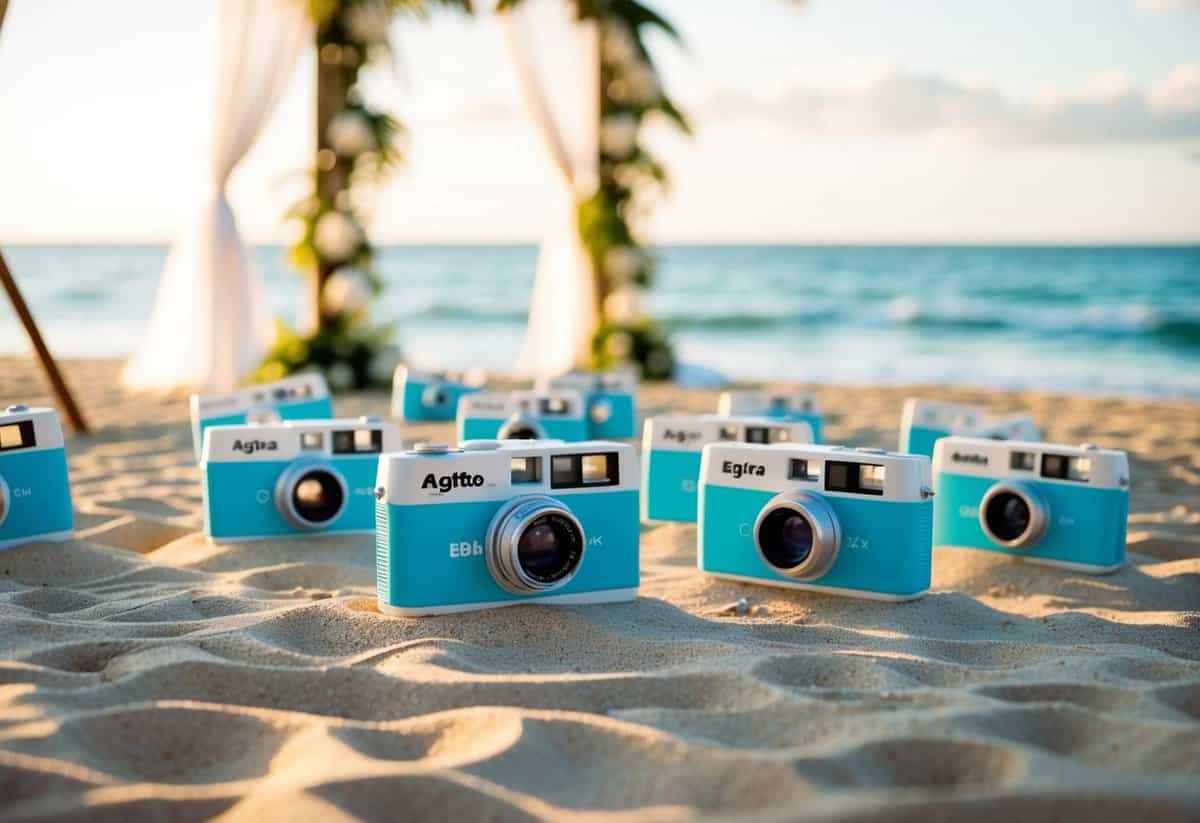 A beach wedding with AgfaPhoto LeBox Ocean disposable cameras scattered on the sand, capturing the ocean and wedding decor