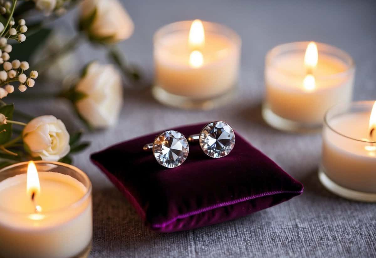 A pair of Swarovski crystal cufflinks glisten on a velvet cushion, surrounded by soft candlelight and delicate floral arrangements