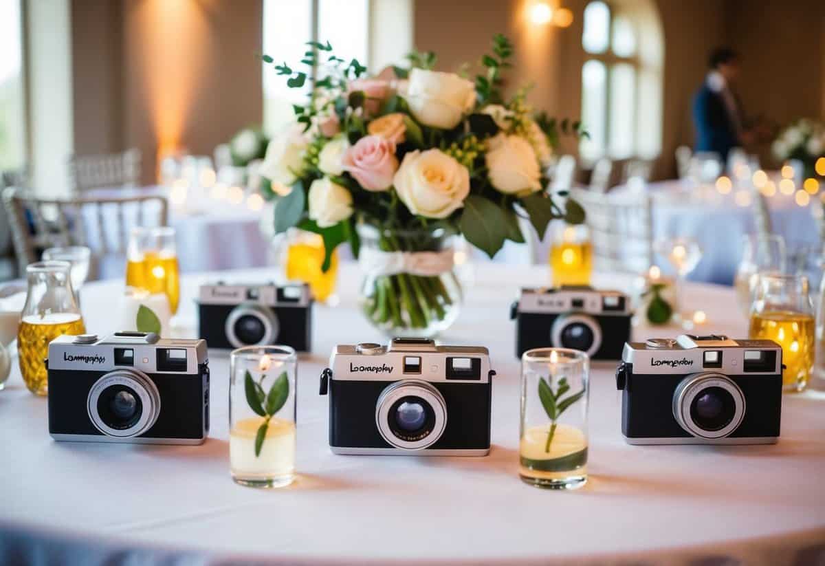 A beautifully decorated wedding reception table with Lomography Simple Use disposable cameras arranged as party favors